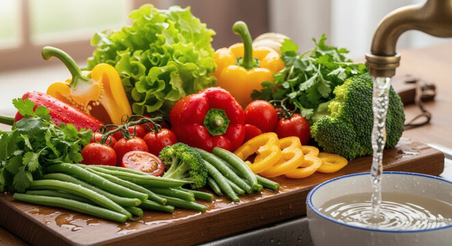 Washing a colorful assortment of fresh healthy produce - Powered by Adobe
