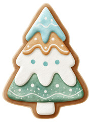 Decorative gingerbread cookie shaped like a Christmas tree with icing isolated on transparent background.