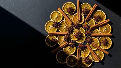 Overhead view of dried orange slices star anise and cinnamon sticks on dark background with light shadow