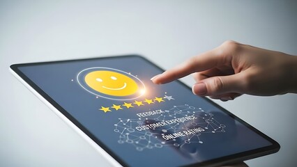 Customer satisfaction rating on tablet screen with finger touch.