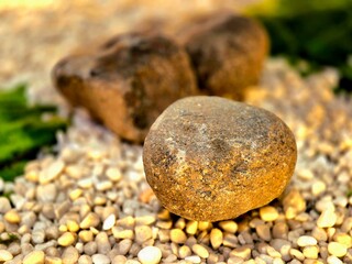 Zen Garden Large Boulders on White Gravel in Warm Sunlight