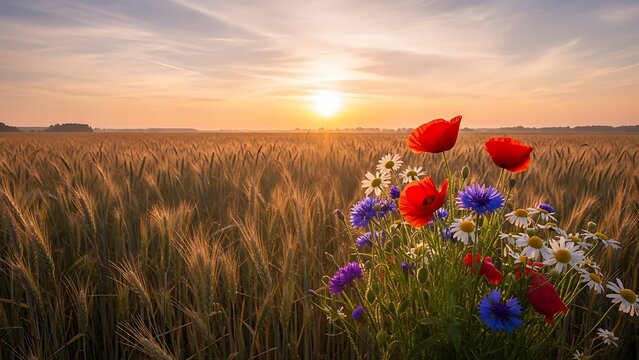 Vibrant wildflowers bloom in a golden wheat field at sunset - Powered by Adobe