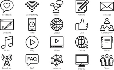 Minimal communication and technology icons set with global connection, feedback, media, writing, teamwork, online network symbols in clean outline design