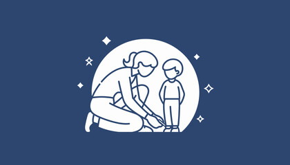 Loving mother lovingly tying her child's shoelaces with care, expressing family support and affection in a modern, stylized icon with a sparkling background