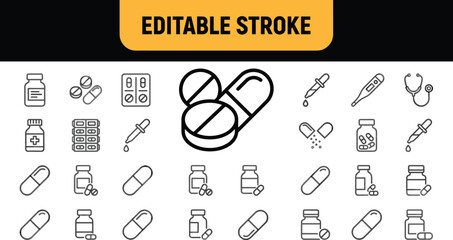 Medical drug and healthcare medicine icon set with pills, syringes, bottles, tablets, and treatment symbols in clean editable stroke style