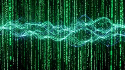 Abstract digital data stream with binary code and glowing lines