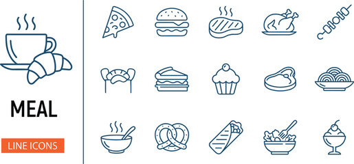 Meal and food line icons set featuring breakfast, snacks, fast food, desserts, beverages, bakery items, restaurant menu symbols illustration
