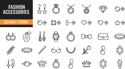 Fashion accessories line icon collection with jewelry symbols, earrings, rings, necklaces, handbags, beauty elements, stylish outline vector editable stroke set