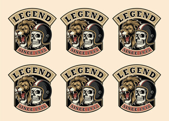 Naklejka premium Vintage Legend Logo Collection with Lion, Skull, and Helmet Badges for Motorcycle Clubs and Custom Apparel Design, Celebrating Timeless Style
