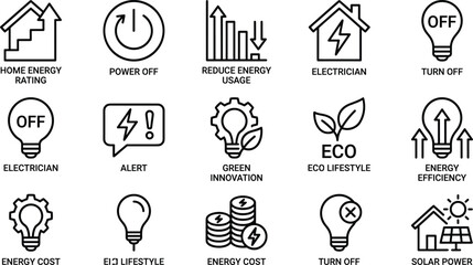 Energy saving and eco efficiency line icons set for home rating, green innovation, power management, sustainability, solar power and electricity
