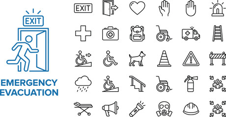Emergency evacuation icons set featuring exit signs, safety symbols, rescue equipment, accessibility elements, warning signs, and emergency response illustrations for safety guidelines