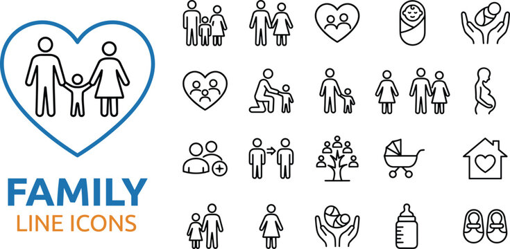 Family line icons collection showing parents, children, newborn, pregnancy, parenting care, love, home and baby elements in modern outline style - Powered by Adobe