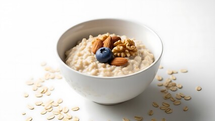 Delicious oatmeal breakfast with nuts and blueberry in a white bowl.