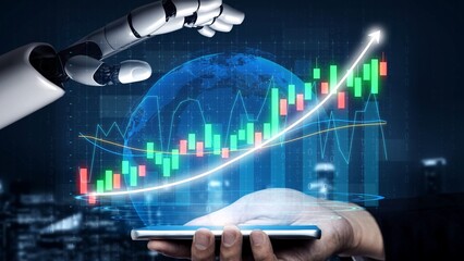 A digital scene showcasing a robotic hand interacting with a smartphone, accompanied by a financial growth chart, illustrating the integration of technology in finance. Copula