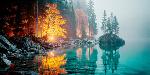 Misty Autumn Lake Landscape with Glowing Yellow Tree Reflection and Small Island with Pine Trees