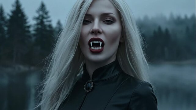 Confident Vampire Woman with Blonde Hair and Leather Top Gently Revealing Fangs at Foggy Lake