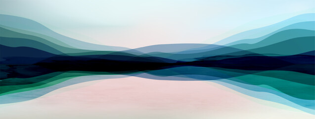 Abstract landscape art background with mountains and hills in a watercolor style. A natural, minimalist banner for wallpaper, decor, prints, textiles, and interior design.