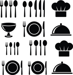 Elegant Black Silhouette Vector Set of Chef Hats, Dinner Plates, Silverware, Cutlery, and Serving Domes for Restaurant Menu and Catering Design Iconography