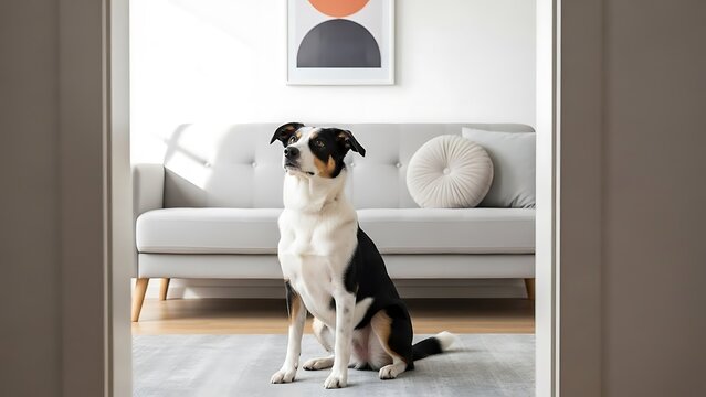 A beautiful black and white dog sitting patiently in a modern living room. - Powered by Adobe