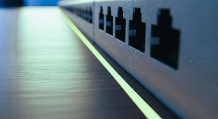 A close-up captures a network switch, showcasing a sleek design and essential ports, a symbol of modern digital connectivity.