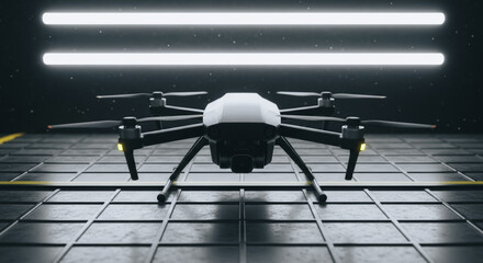 An unmanned aerial vehicle(drone) is ready for flight, bathed in a futuristic setting with neon lights, capturing the technology innovation.