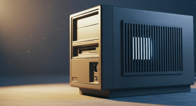 A vintage desktop computer case, a relic of the digital age, stands prominently against a dark background, bathed in a soft, nostalgic glow.