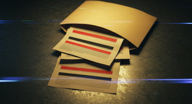An envelope spills out its precious secret, revealing a set of official documents, each bearing colorful stripes. The scene is presented in a way that hints at confidential information.