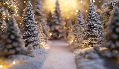 A whimsical winter wonderland with snow-covered pine trees, sparkling lights in the background, and a magical path leading through it.