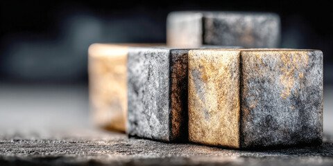 Textured Gold and Grey Stone Cubes Stacked on Dark Wooden Surface