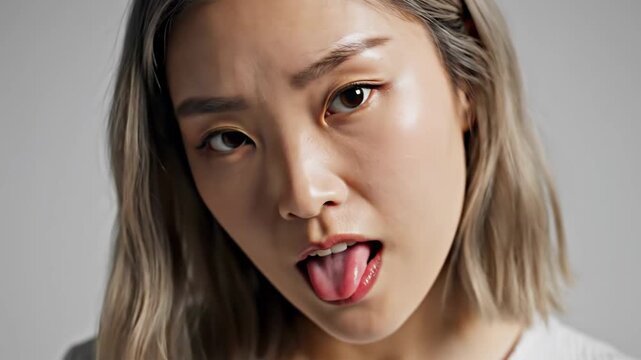 Expressive young Asian woman sticking her tongue out at the camera.