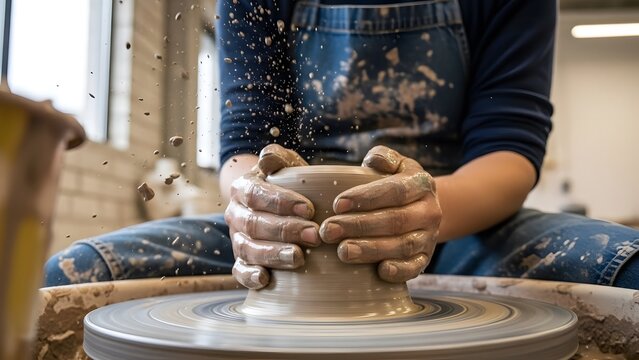 Artisan Hands Shaping Clay on Spinning Pottery Wheel, Motion Blur