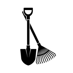 Shovel and rake ready for spring gardening, vector design for landscaping, lawn care, and outdoor projects, planting season, and garden maintenance