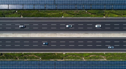 Aerial top-down view of a highway or expressway with cars, flanked by vast arrays of solar panels and green median strips. Represents sustainable energy, modern infrastructure, and eco-friendly transp