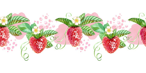 A beautiful seamless border of sweet strawberries. A bright, juicy berry pattern. A template for an endless banner for jam, marmalade, cosmetics, and just for summery feel. Watercolor illustration