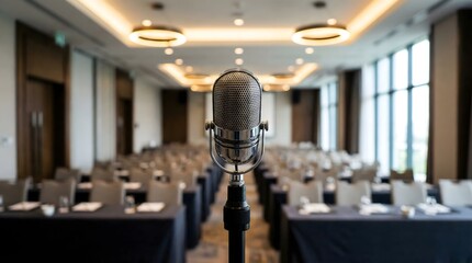 Professional conference microphone on tripod facing empty seminar hall before business presentation, corporate meeting setup, audio and communication concept
