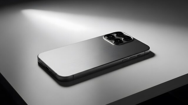 A premium smartphone on a neutral modern desk back side up