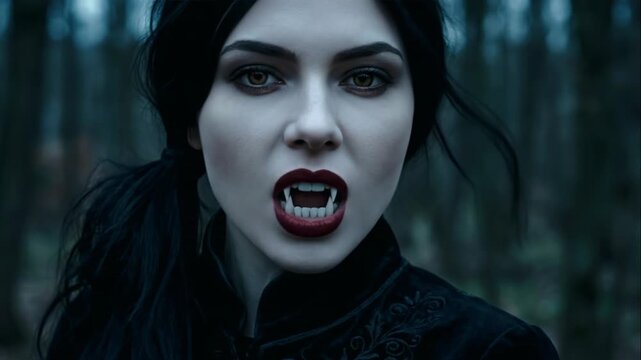 Ultra Realistic Close-Up Portrait of Aristocratic Vampire Woman with Black Braid Gently Revealing Fangs in Forest