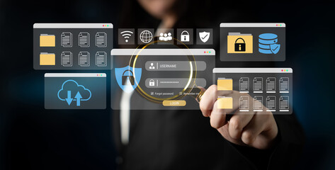 Secure login and file management interface with folder, password, and encryption icons for cybersecurity visualization Parse
