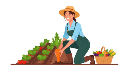 Happy harvest season, woman farmer tending vegetable garden, planting carrots with basket full of fresh produce, farm to table lifestyle appeal