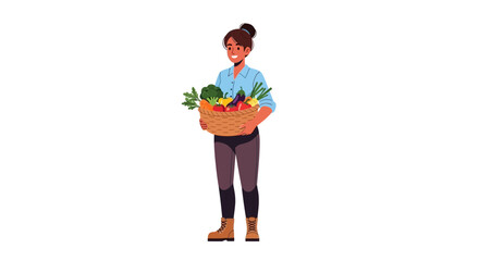 Cheerful farmer carrying a basket brimming with fresh vegetables, a bounty from the harvest perfect for a health food campaign or organic market promotion