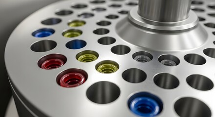 Close-up of a rotating carousel with colorful vials, likely for scientific or medical use
