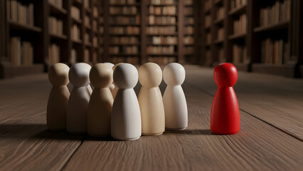 Red wooden peg doll standing apart from a group of seven light-colored peg dolls on a wooden floor in a blurred library setting.