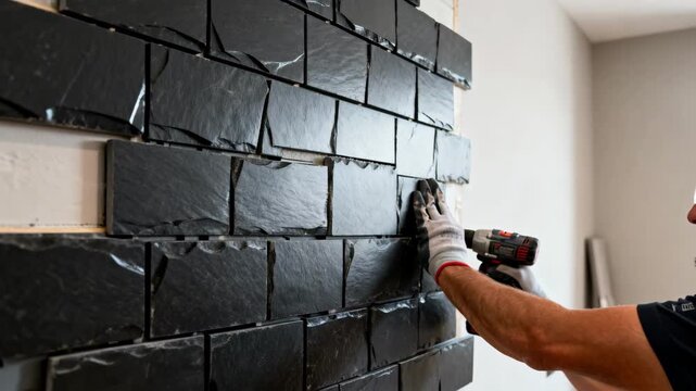 Skilled installer fitting slate cladding panels on a modern interior wall highlighting the dark sleek surface and structured arrangement in medium shot.