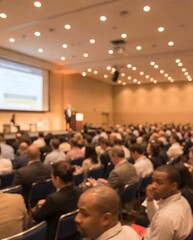 Blurred conference hall with large audience listening to business presentation, showcasing professional seminar atmosphere with warm ambient lighting