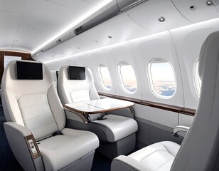 Fototapeta premium Elegant airplane interior featuring cream leather seats, a table, screens, & windows