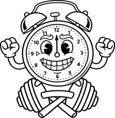 Cartoon alarm clock, strong character, fitness theme, smiling face, dumbbell illustration, time management, black and white drawing, motivational art, energetic concept, healthy lifestyle