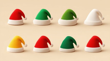 Colorful Santa hats arrayed in two rows against a beige background, festive and whimsical