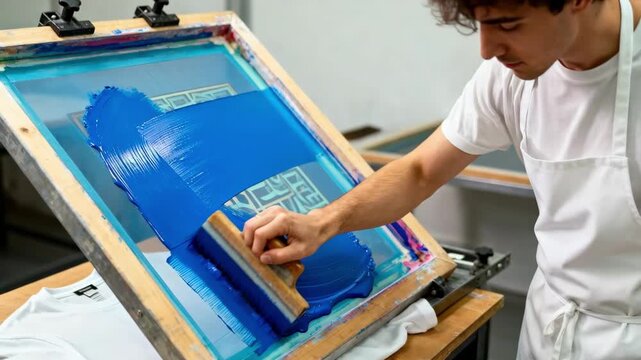 Medium shot of a designer applying vibrant ink on a screen printing frame for custom tshirt creation with precise hand movements.