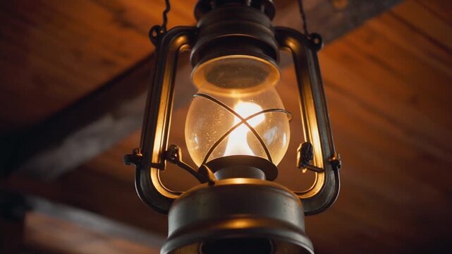 An ancient rusty metal kerosene lantern and vintage gas pump equipment feature weathered glass and a flickering fire flame on a retro antique wood surface isolated against white