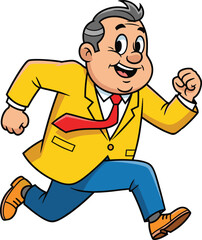 Cartoon businessman running with happy face, energetic pose, wearing yellow suit, red tie, flat vector illustration, isolated clipart